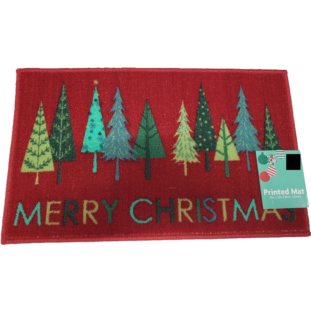 Printed Kitchen Nylon Rug (15"x25") MULTICOLOR MERRY CHRISTMAS TREES ON RED, MB